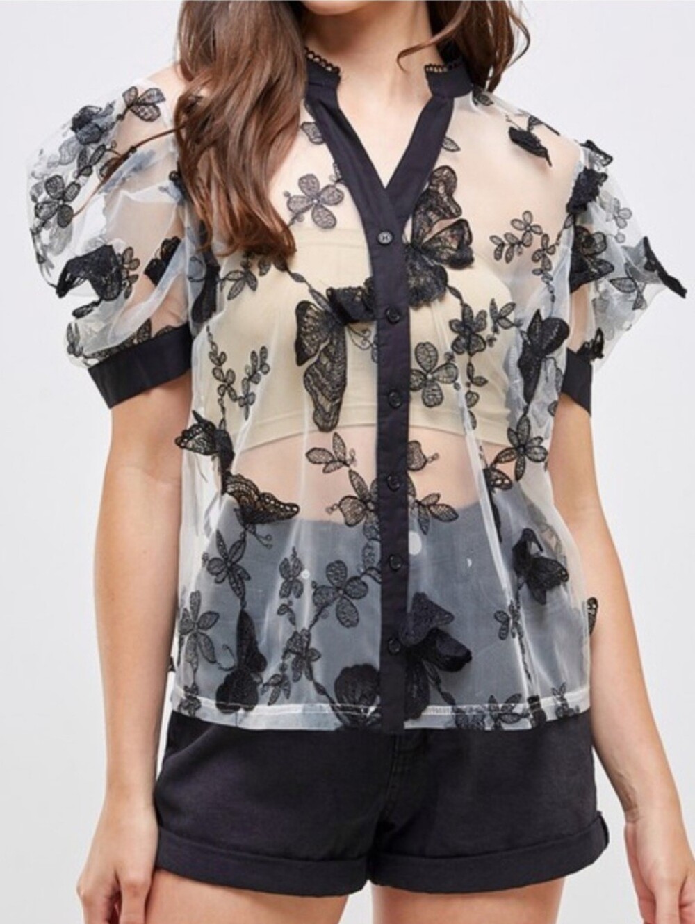 Pastel Sheer Black Embroidered Butterfly Button-Up Top Sz S